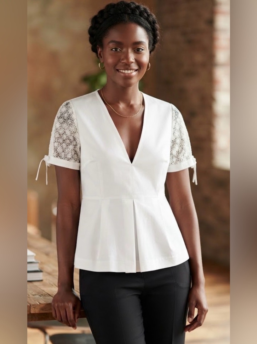 Zara White V-Neck Lace Sleeve Peplum Top